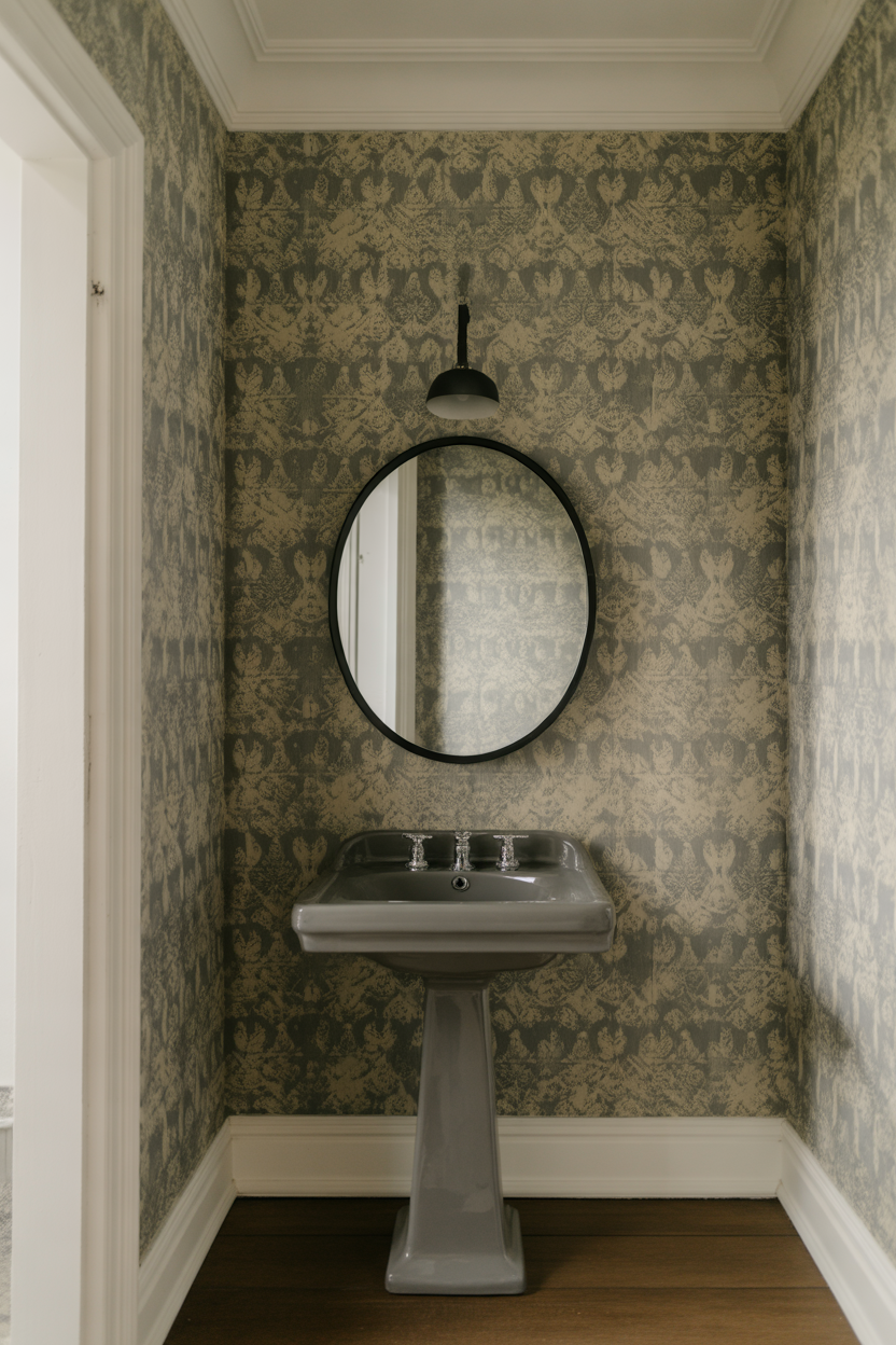Dusty sage small-scale damask wallpaper in an elegant powder room with matte black mirror and pedestal sink