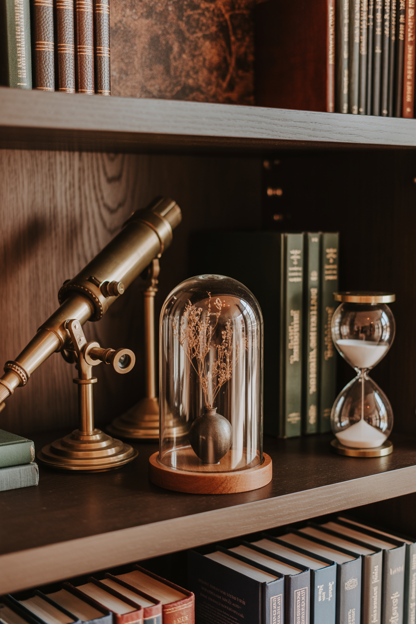 Dark academia bookshelf vignette with leather-bound books, brass telescope, and glass dome botanical