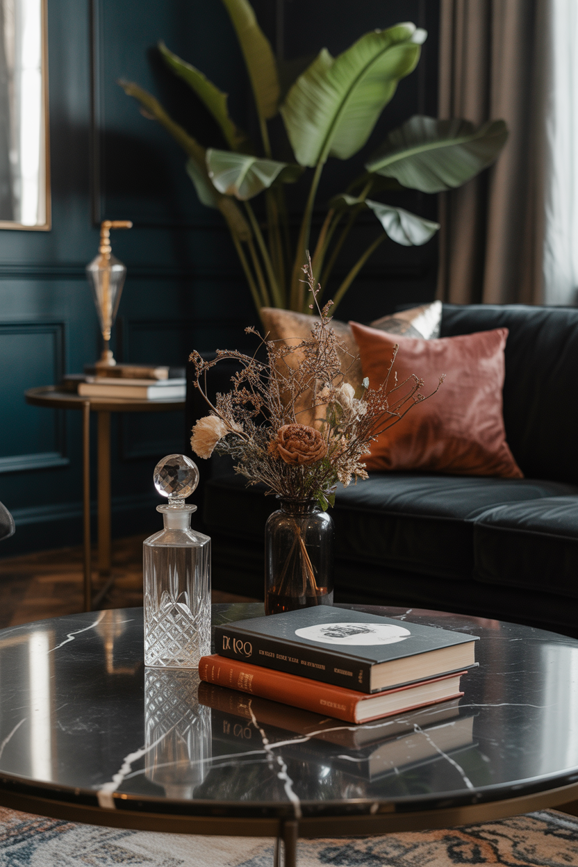 Black marble coffee table with crystal decanter and vintage books in a dark academia living room