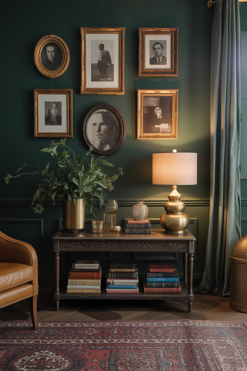 Budget dark academia living room styled with thrifted brass lamps, vintage frames, and a Persian rug on a deep green wall