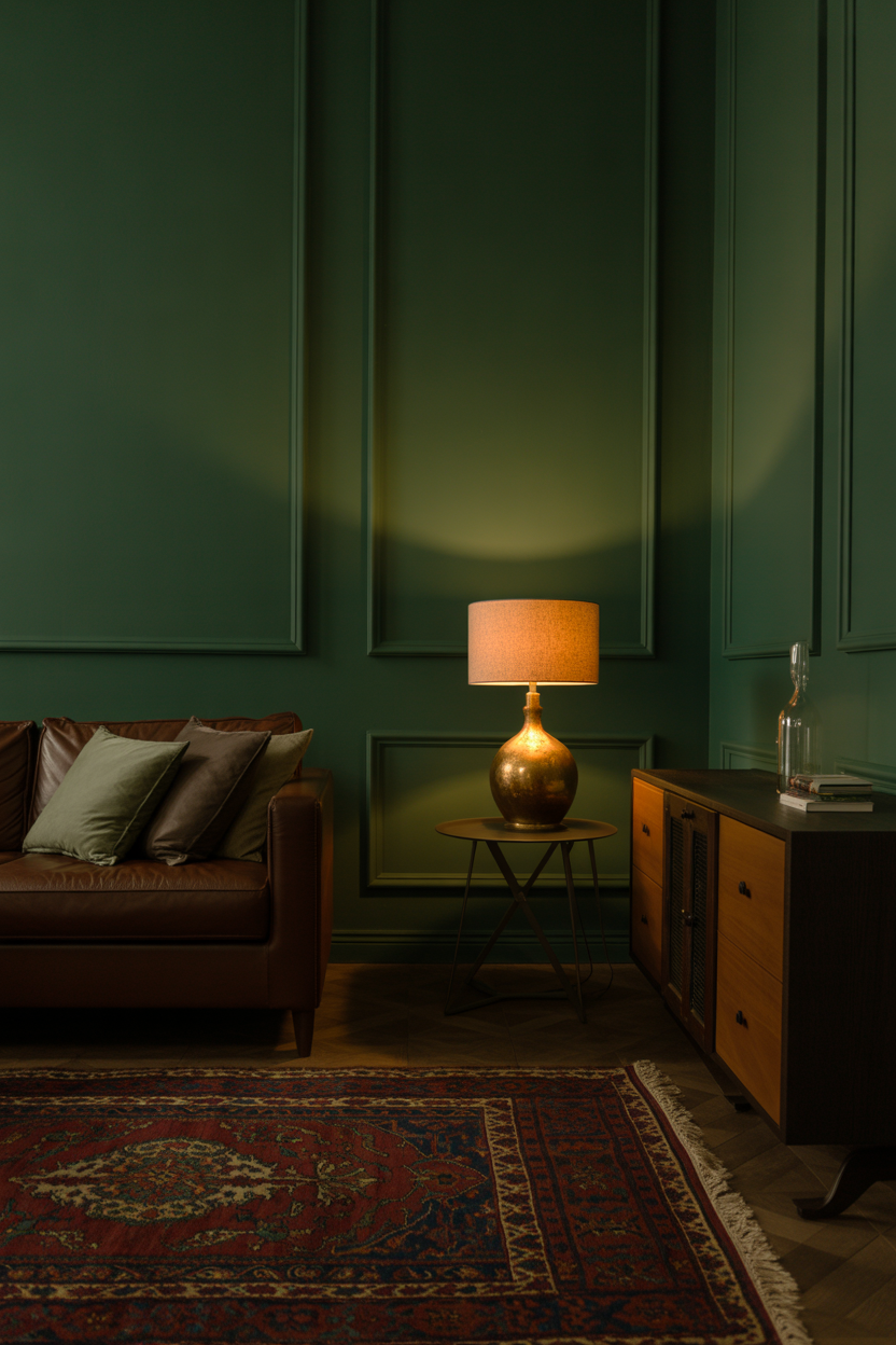 Dark academia living room with hunter green matte walls and warm amber lighting