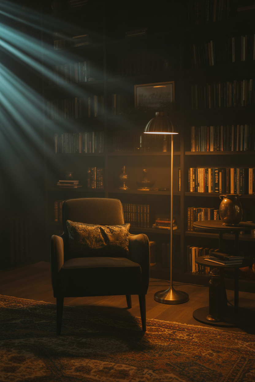 Dramatic shadow and warm lamp light creating a moody atmosphere in a dark academia living room