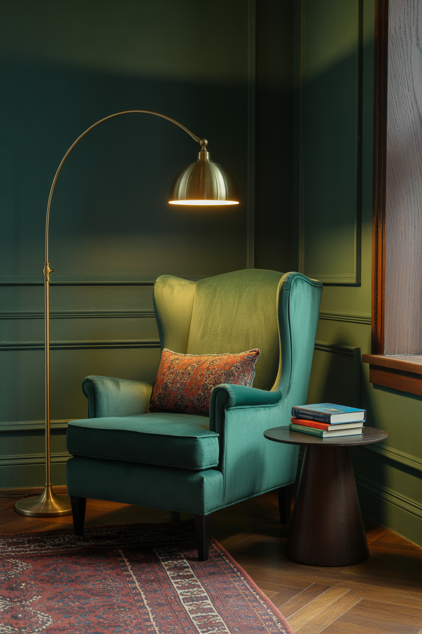 Emerald green velvet wingback armchair reading nook in a dark academia living room with brass floor lamp