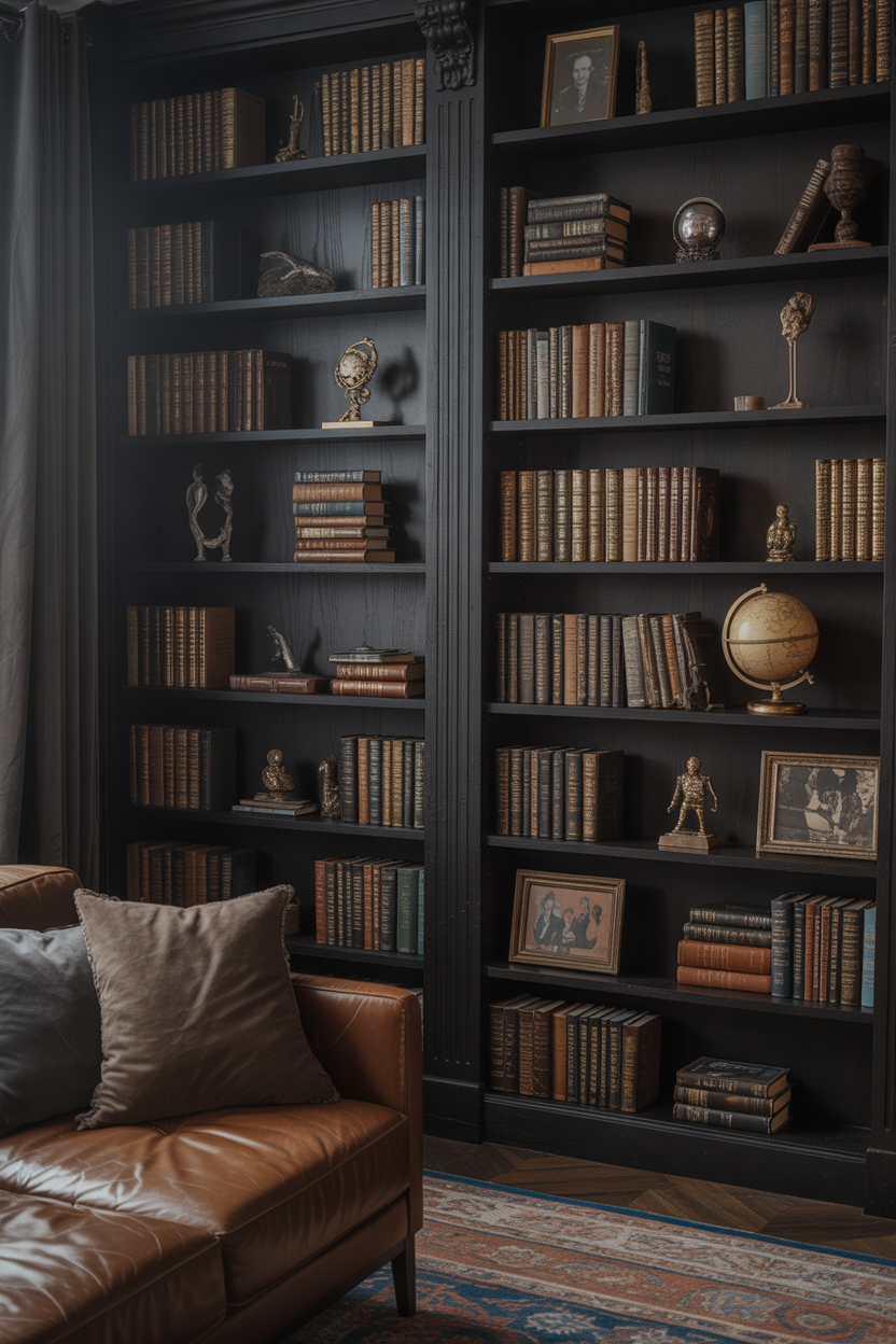 Floor-to-ceiling mahogany bookshelves with leather-bound books and brass accents in a dark academia living room