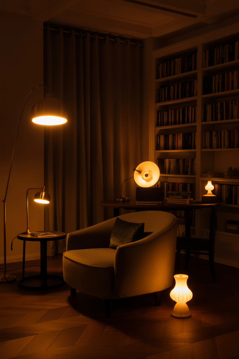 Dark academia living room with layered amber lighting from a brass floor lamp and desk lamp at evening