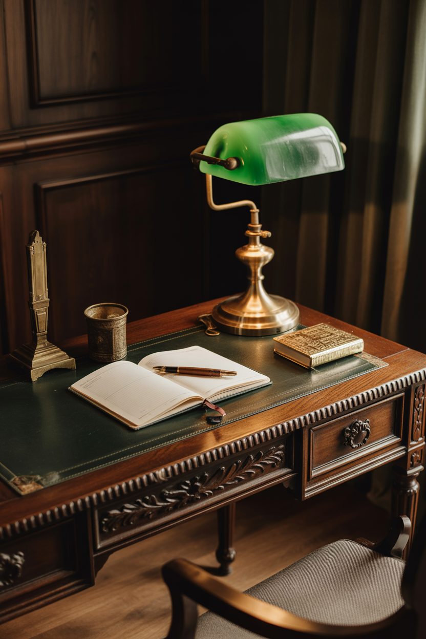 Vintage mahogany writing desk styled with brass lamp and fountain pen in a dark academia living room corner
