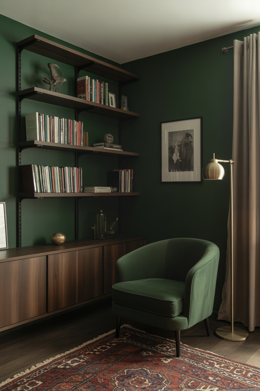 Small dark academia apartment living room with green velvet armchair, floating bookshelves, and brass lamp
