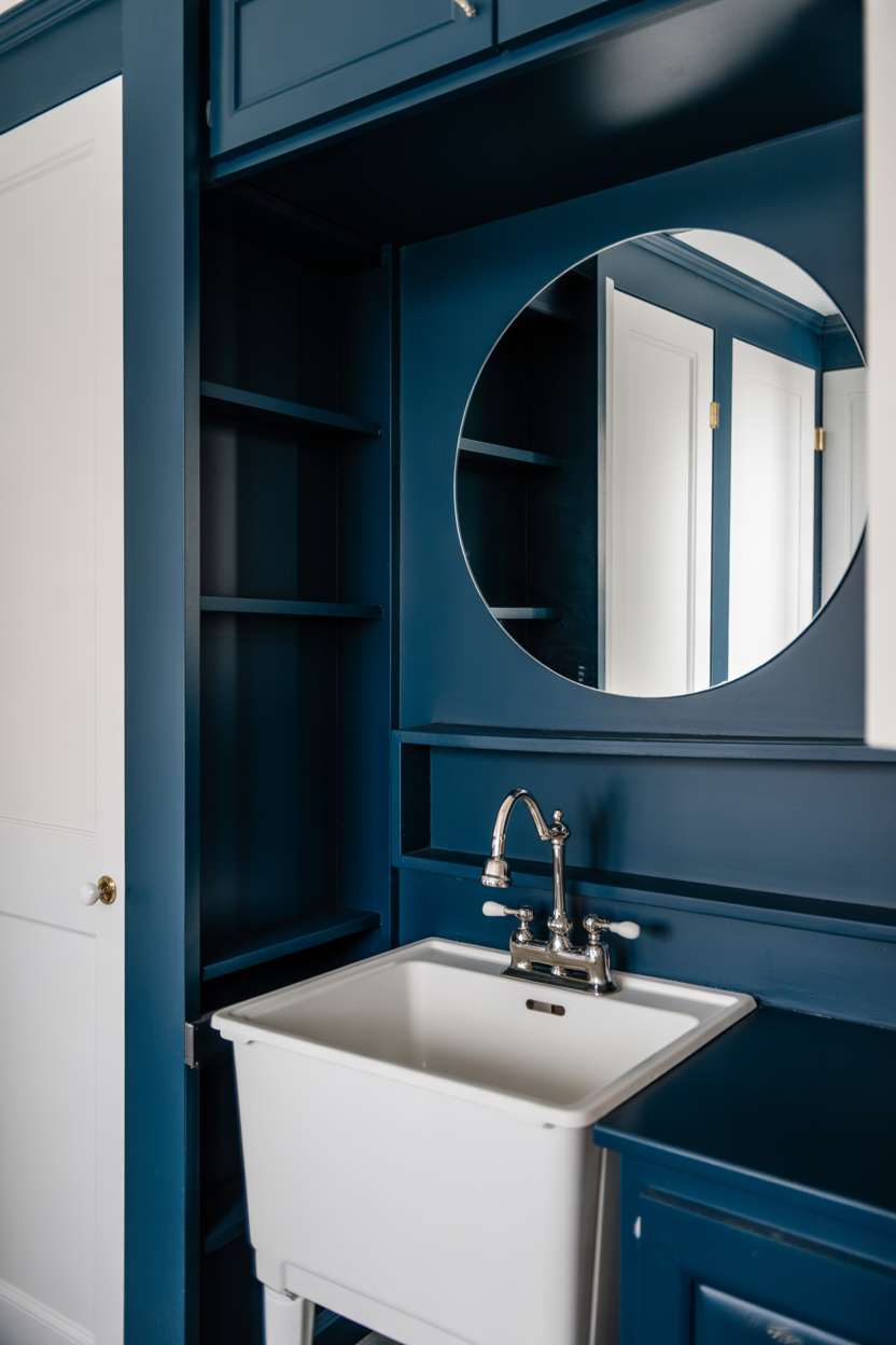 Large mirror in dark blue, small laundry room, creating depth and brightness