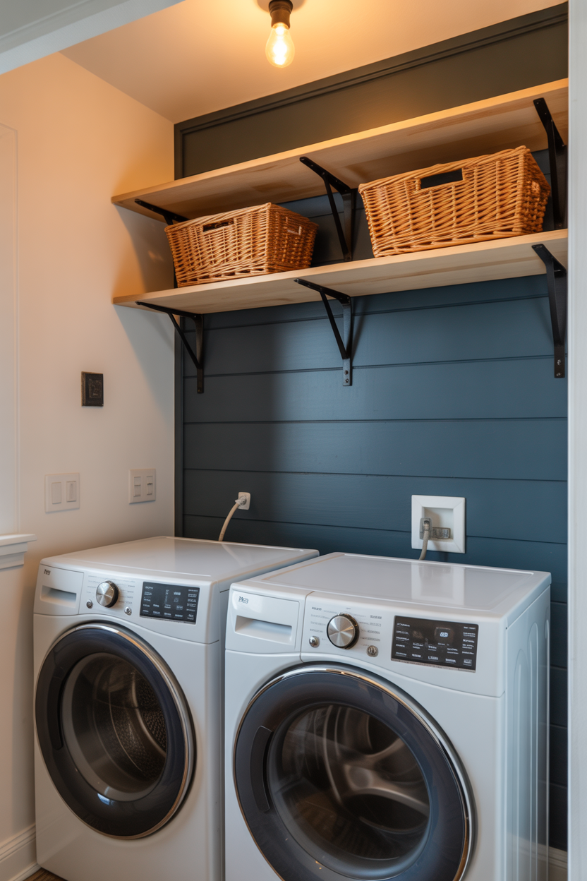 Dark blue shiplap accent wall behind the washer and dryer in the farmhouse laundry room