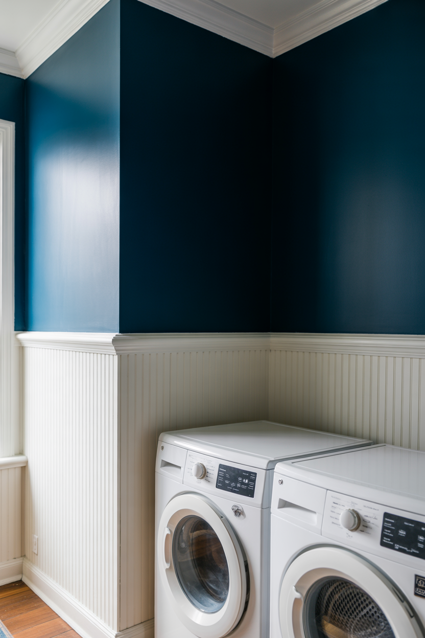 Dark blue and white beadboard two-tone laundry room walls