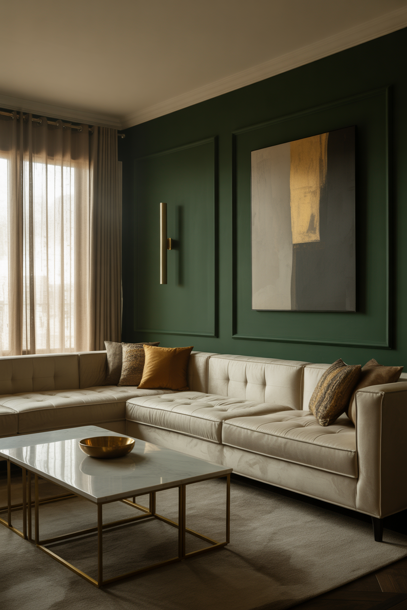 Dark green accent wall behind sofa in modern living room with white walls