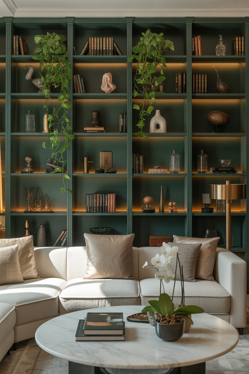 Dark green painted bookshelves with books and plants in the living room corner