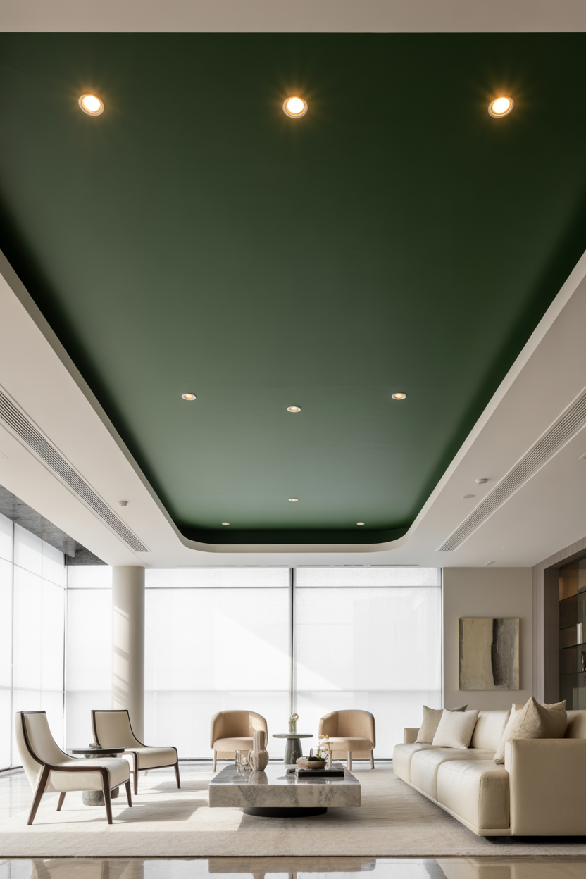 Dark green painted ceiling with white walls in a modern, bright living room