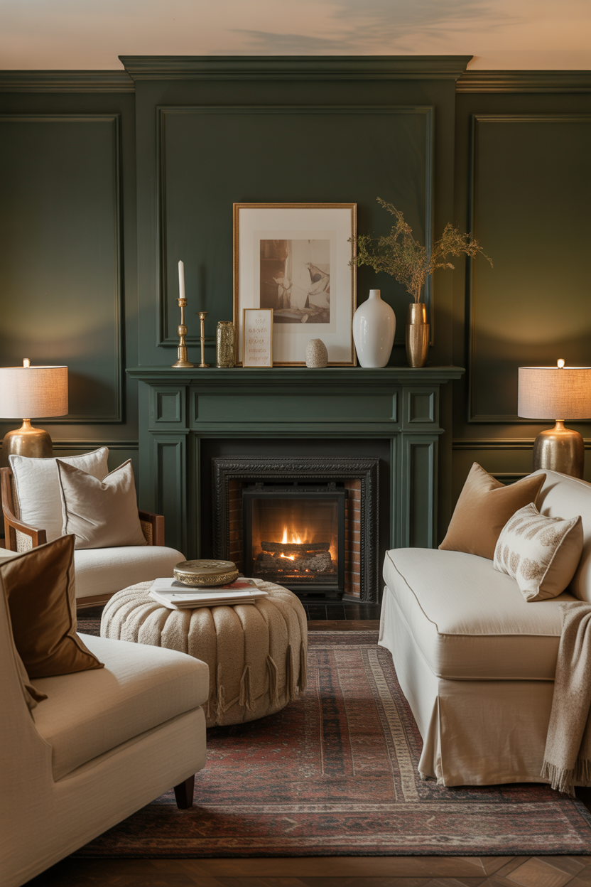 Dark green painted brick fireplace as a focal point in a cozy living room