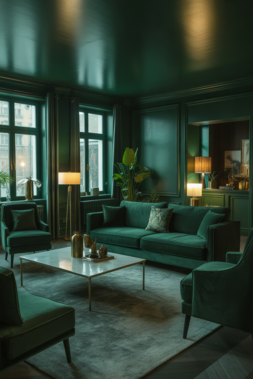 Luxury dark green living room with velvet sofa and gold accents