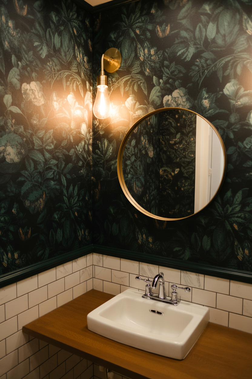 Dark inky botanical floral wallpaper in a moody powder room with warm Edison sconce, brass mirror, and white ceramic sink