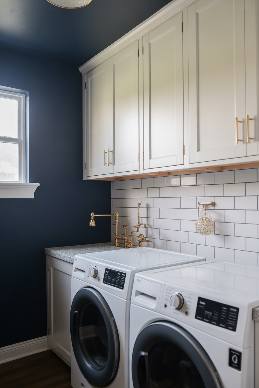Deep navy matte laundry room walls with white cabinets and gold hardware