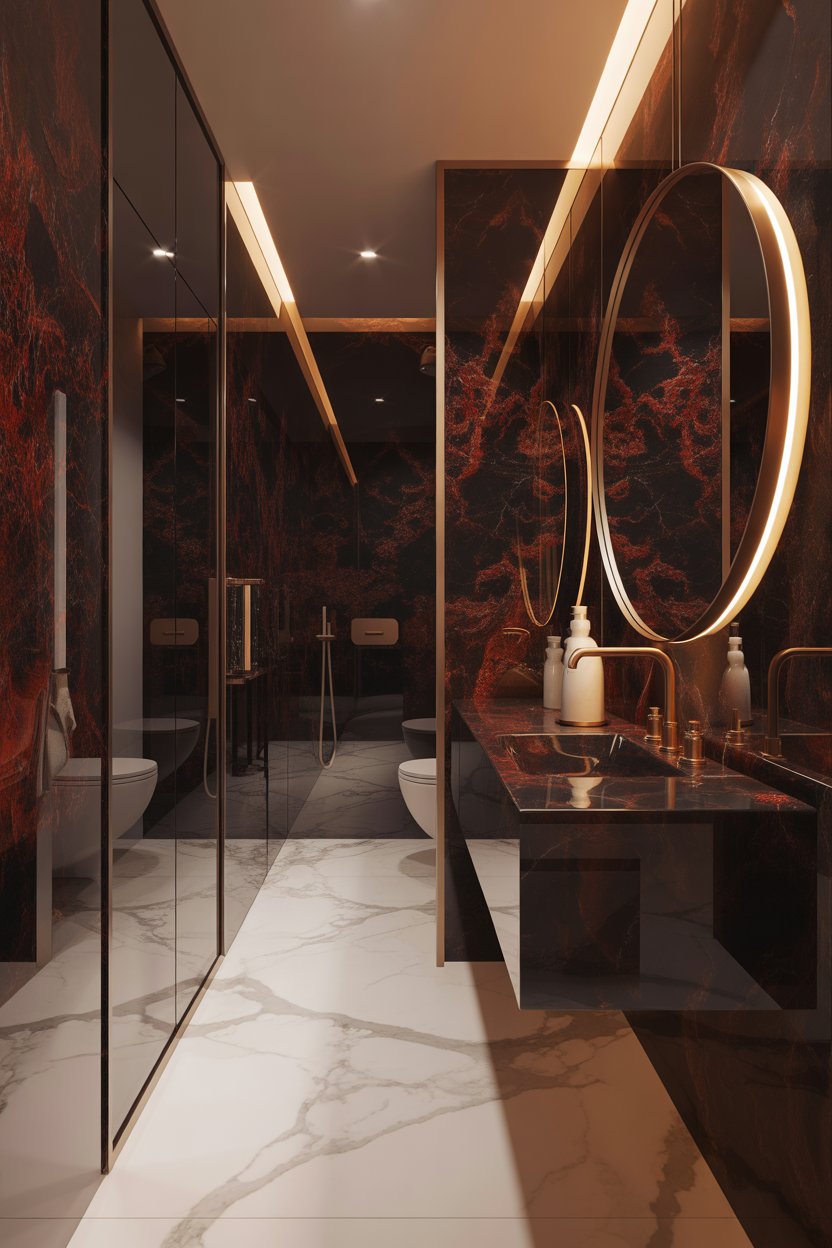 Deep red bathroom walls with brass fixtures and a white marble floor for a dramatic, luxurious look