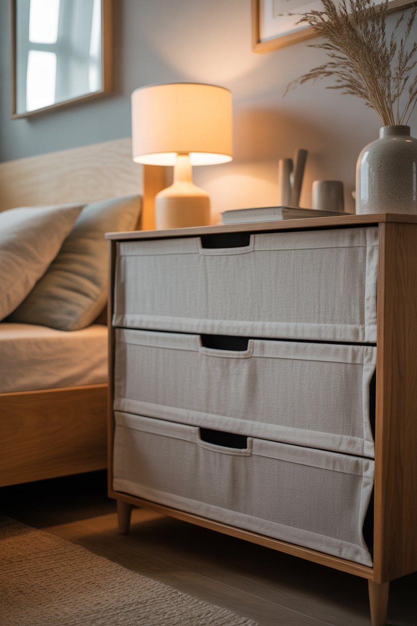IKEA dresser with fabric-covered drawer fronts adding a soft and cozy aesthetic