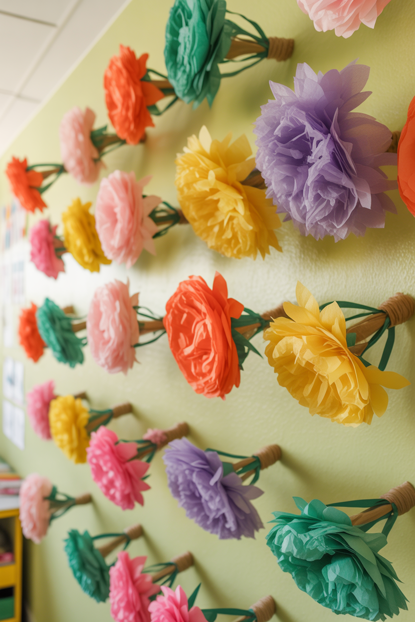 DIY paper flower bouquet wall classroom decoration for Mother’s Day