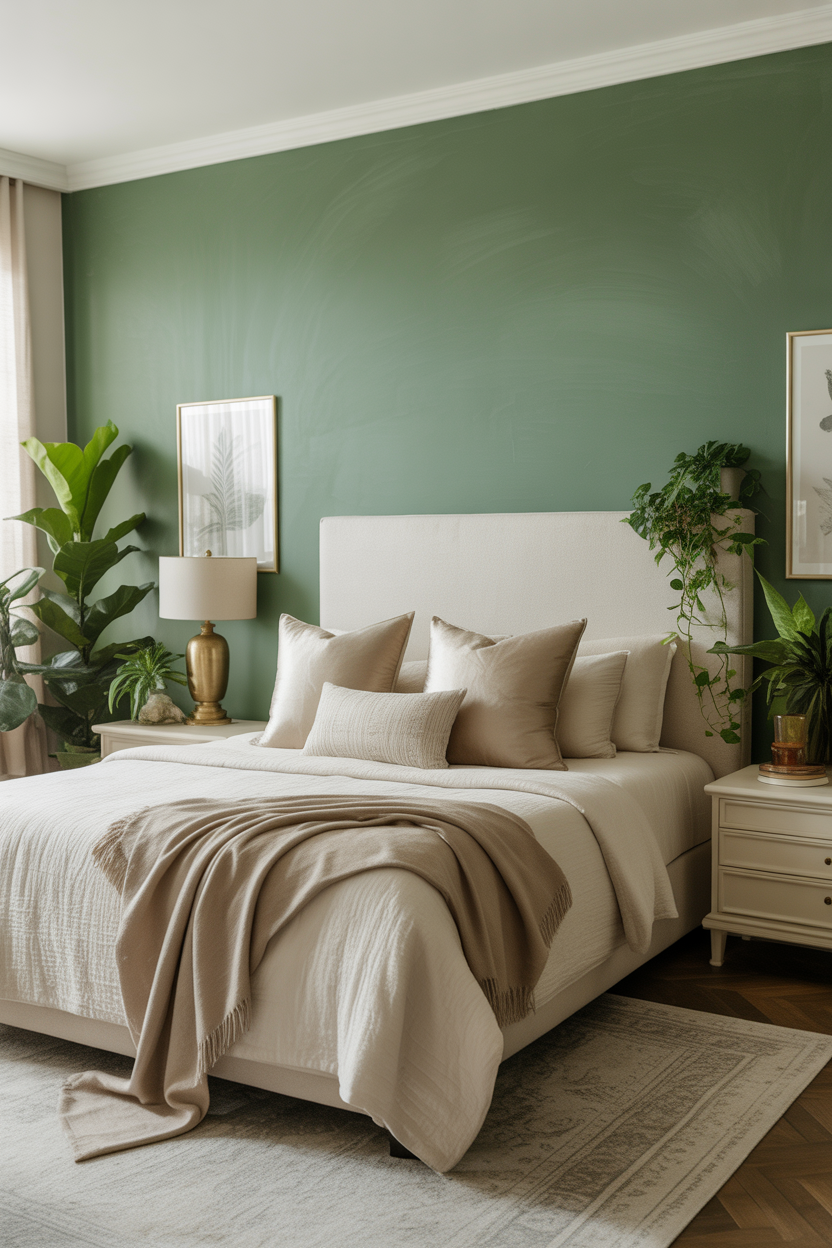 DIY green accent wall guest bedroom with neutral furniture and plants