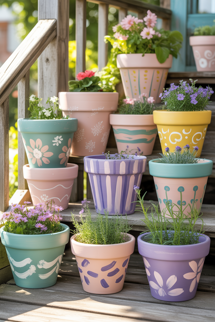 DIY summer front porch flower pot ideas with painted pots
