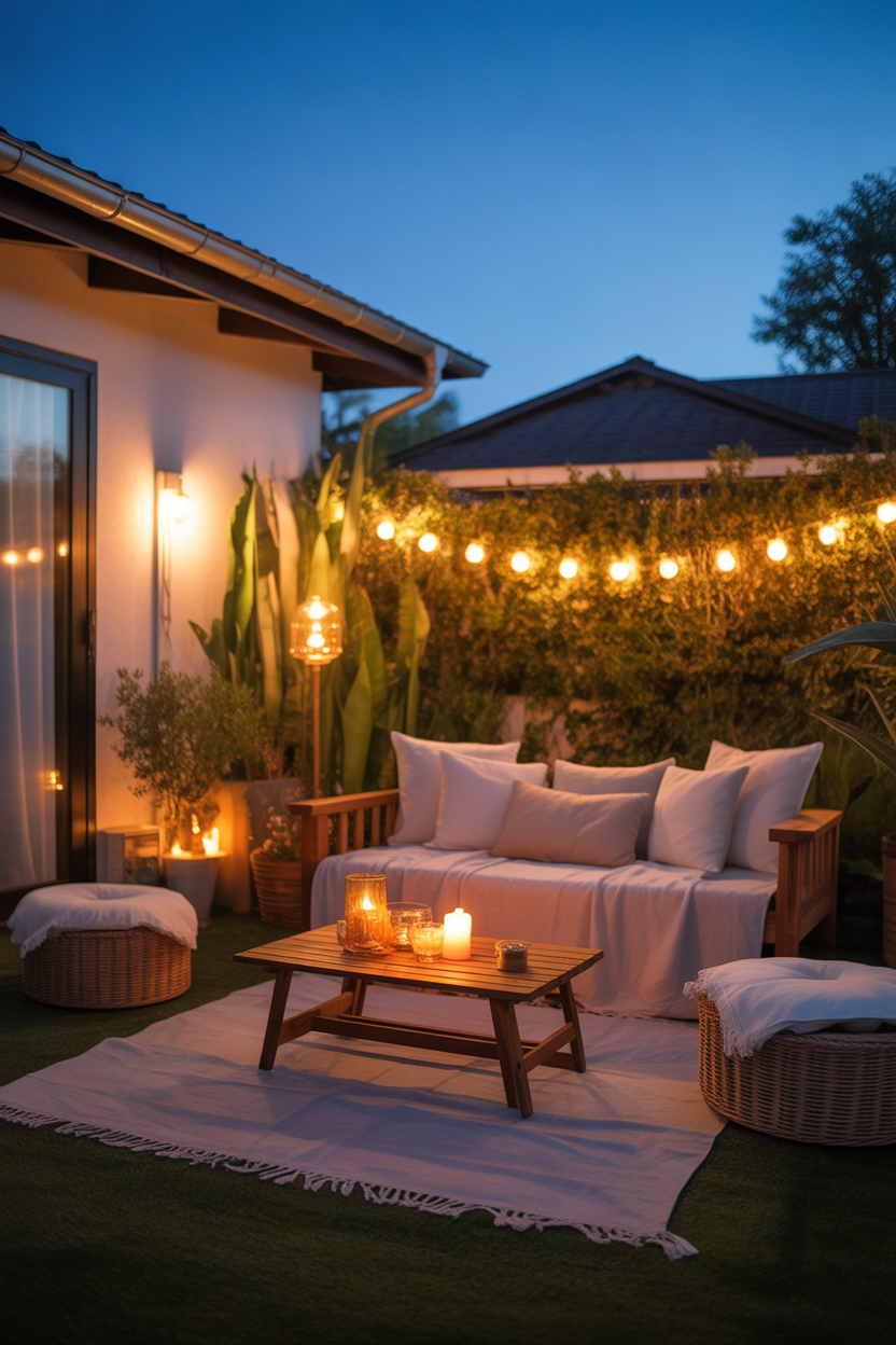 dreamy small backyard ideas with cozy night lighting and decor