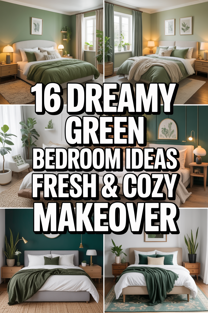 Green guest bedroom collage with cozy decor and fresh stylish design