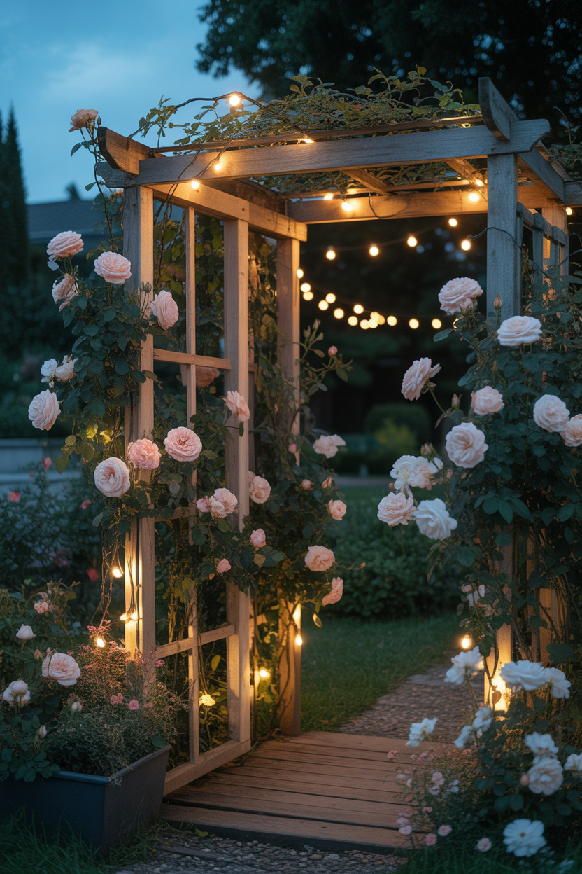 vintage garden decor ideas, climbing roses, wooden trellis, romantic backyard