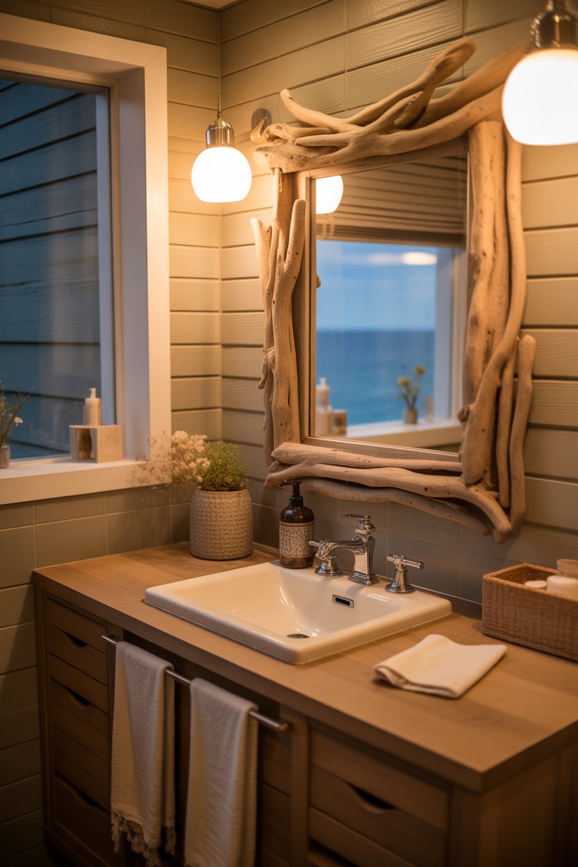 coastal bathroom mirror ideas with driftwood frame and warm lighting