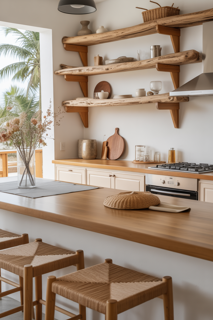 Coastal kitchen ideas featuring driftwood shelves and teak countertops