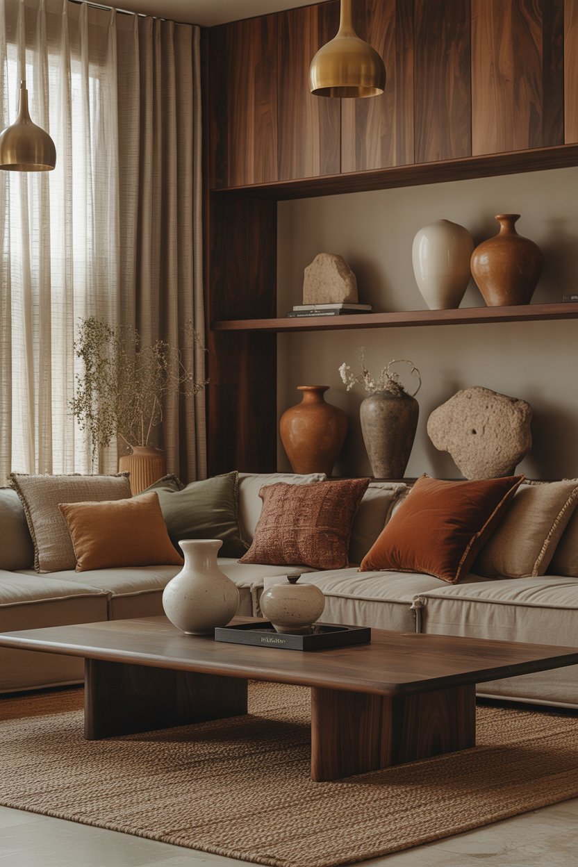 Boho tiny living room, earthy decor, wooden accents, clay pots, warm lighting