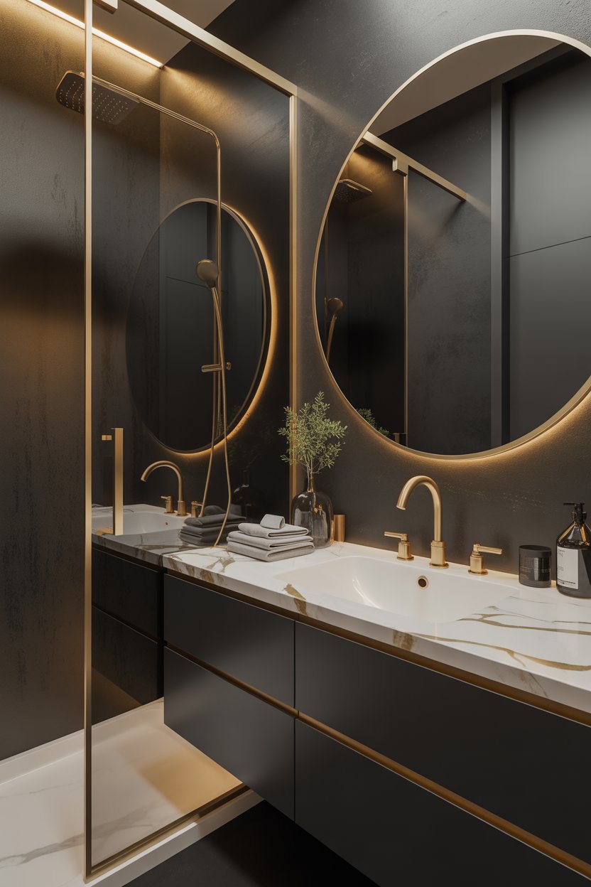 Elegant black and gold bathroom decor with warm lighting and minimal design