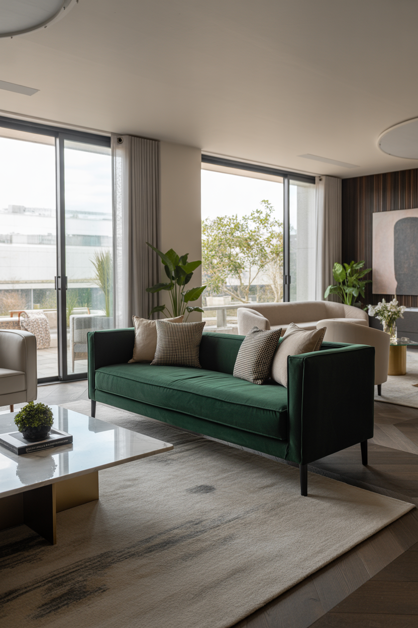 Emerald green velvet sofa in bright living room with brass lamp and wood coffee table