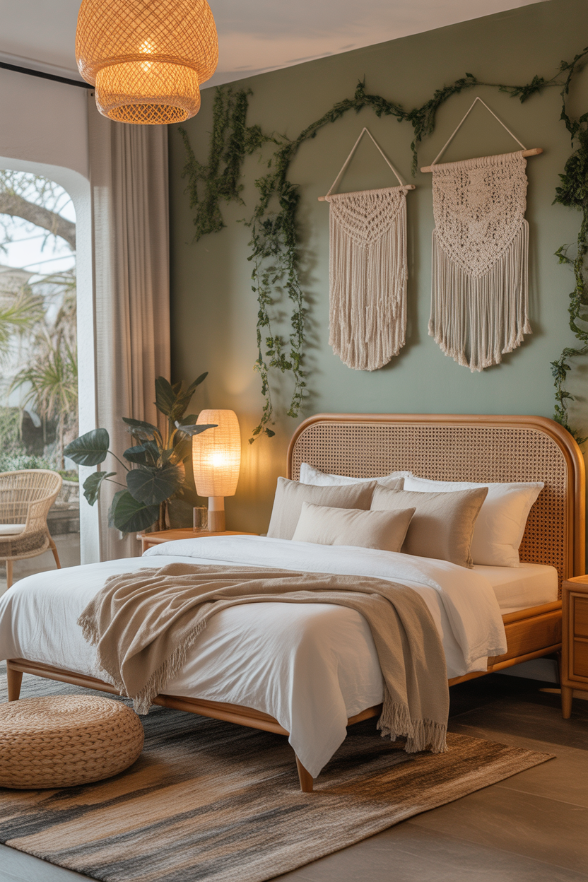 Eucalyptus green boho guest bedroom with layered textures and cozy vibe