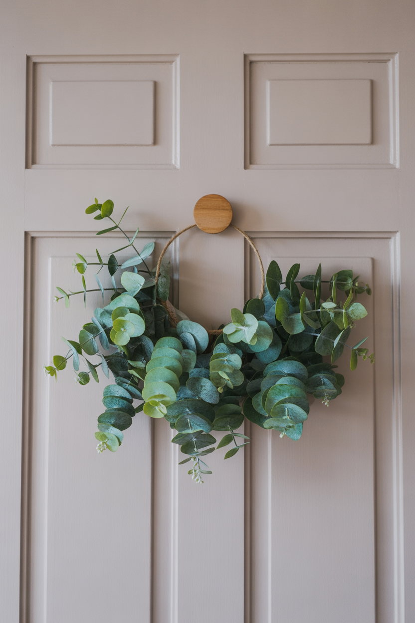 Summer door hanger ideas with eucalyptus greenery and minimalist style