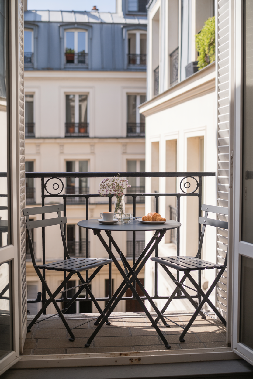 Minimal European balcony showing a clean, elegant design with plants and furniture