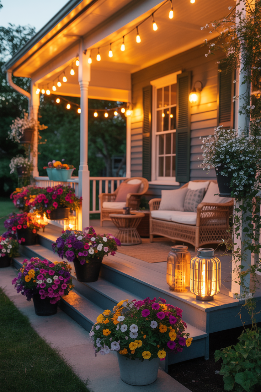 evening summer front porch flower pot ideas with lights