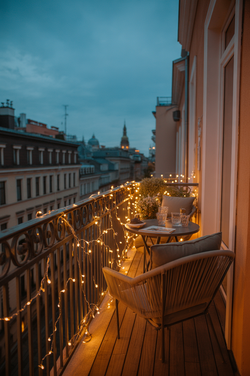 Cozy balcony with fairy lights and magical European night ambiance