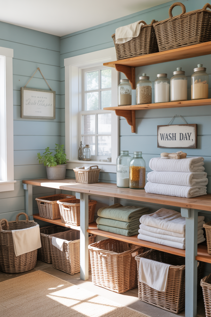 farmhouse blue laundry room with wooden open shelving and baskets