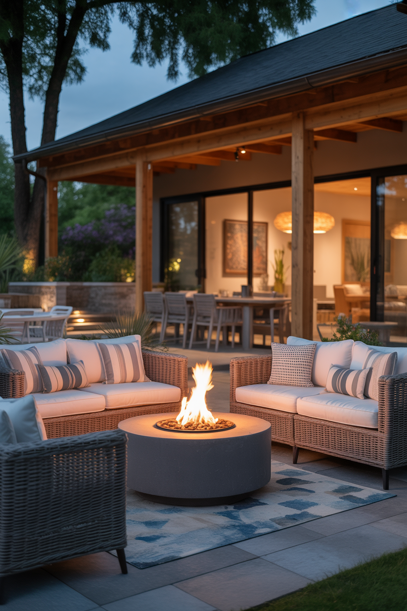 Fire pit gathering spot ideas for covered patio with cozy luxury ambiance