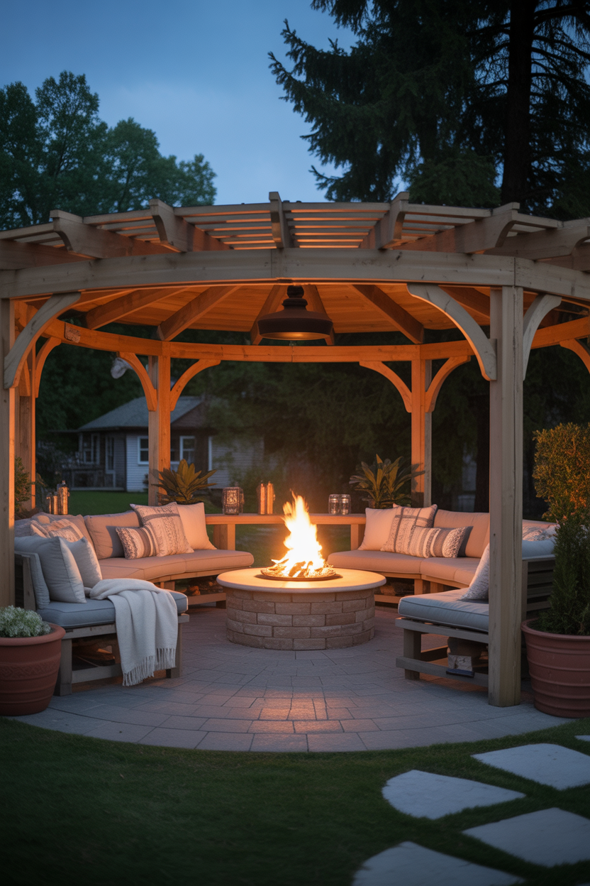 pergola patio ideas with fire pit and cozy seating for outdoor gatherings