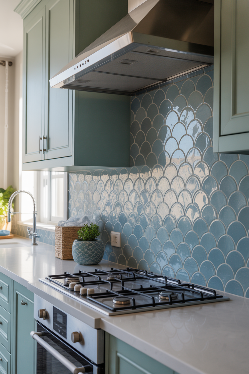Fish scale coastal backsplash tiles creating a dreamy ocean-inspired kitchen