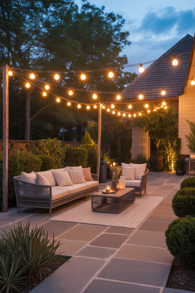 dreamy flagstone patio design ideas with string lights at night