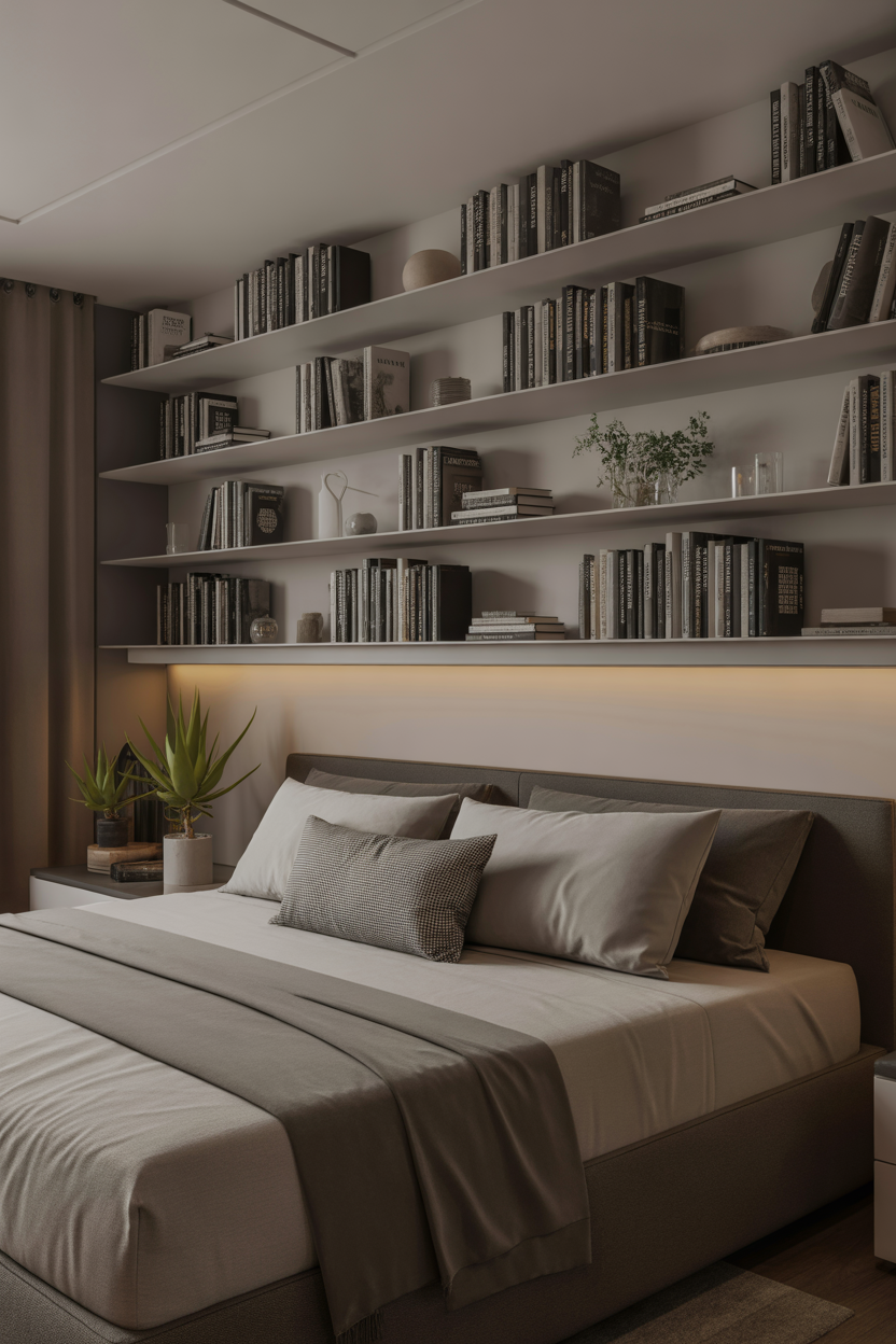 Floating books wall display illusion in a modern cozy bedroom with aesthetic decor style