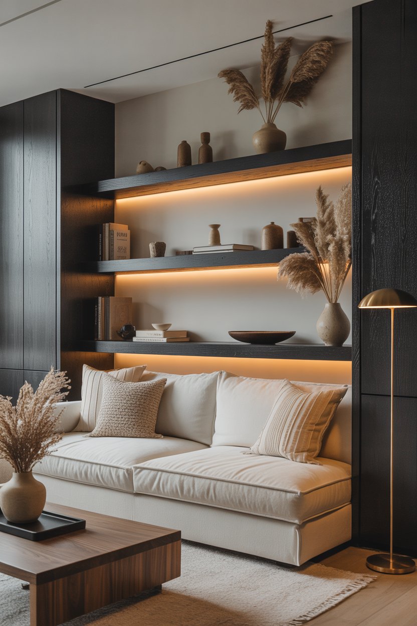 Boho tiny house living room with floating shelves and clean design