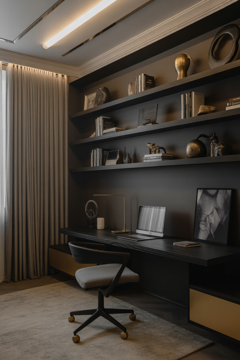 home office with floating shelves and minimal decor
