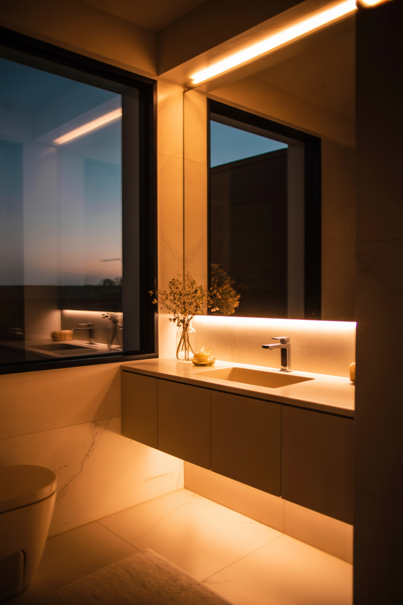 Floating vanity small bathroom modern luxury design with soft lighting