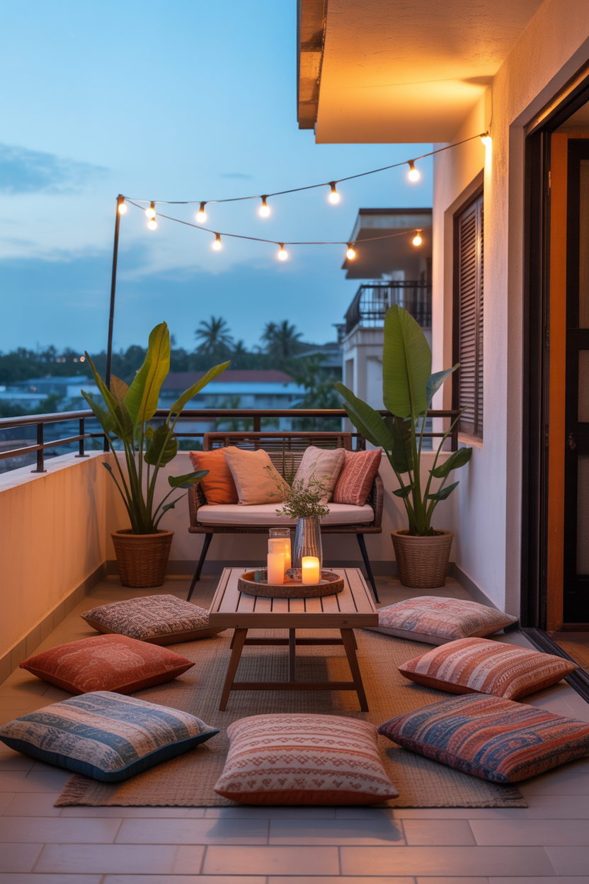 Boho floor cushions and low tray table on apartment balcony for cozy summer lounge setup