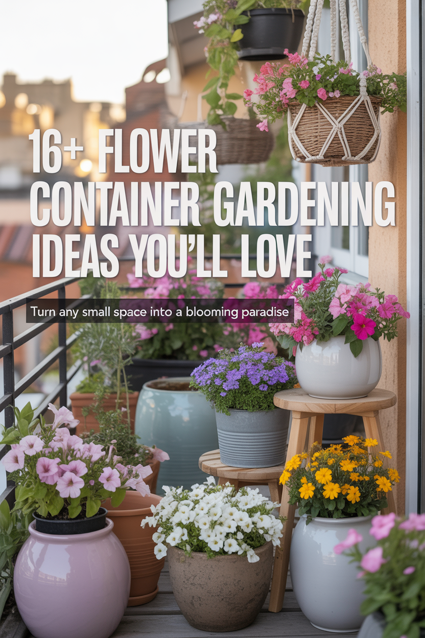 Beautiful flower container gardening setup with colorful blooming plants in stylish pots, creating a cozy and vibrant small space garden.